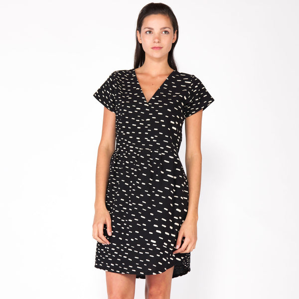 Sideways Rain Pleated V Neck Dress -  Black