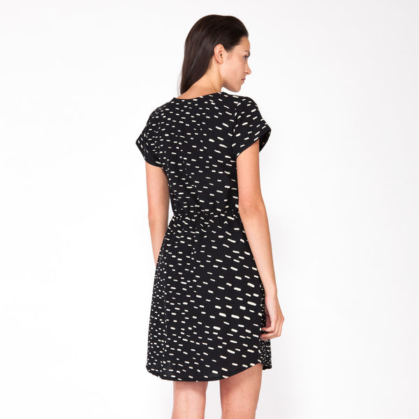 Sideways Rain Pleated V Neck Dress -  Black
