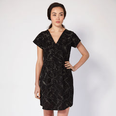 Shattered Pleated V Neck Dress - Black